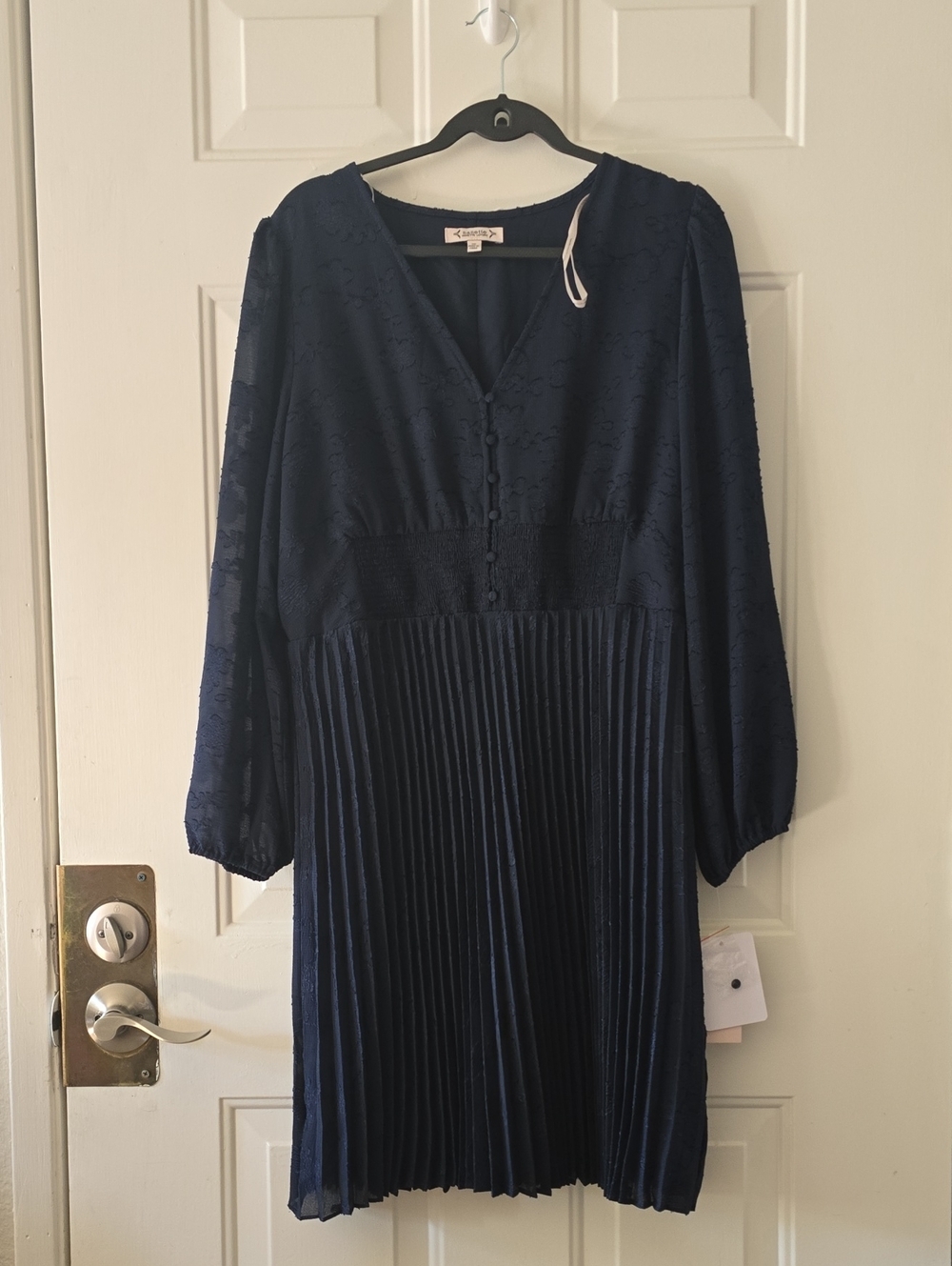 Nanette Lepore Bella Dobby Dress 16 NWT Navy Blue Pleated V-Neck Long Sleeve